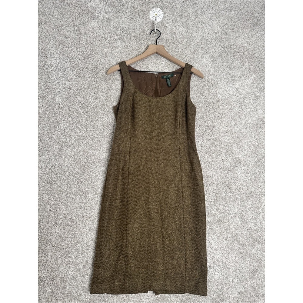 RALPH LAUREN Wool Shift Dress‎ Brown/Camel/Gold Metallic Herringbone 6
